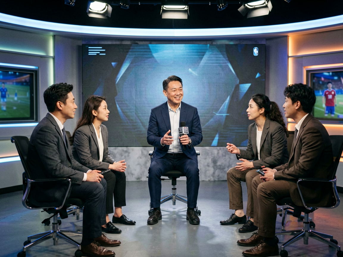 8866体育独家访谈录制现场：专业演播室灯光布置，主持人采访嘉宾，营造深度对话氛围