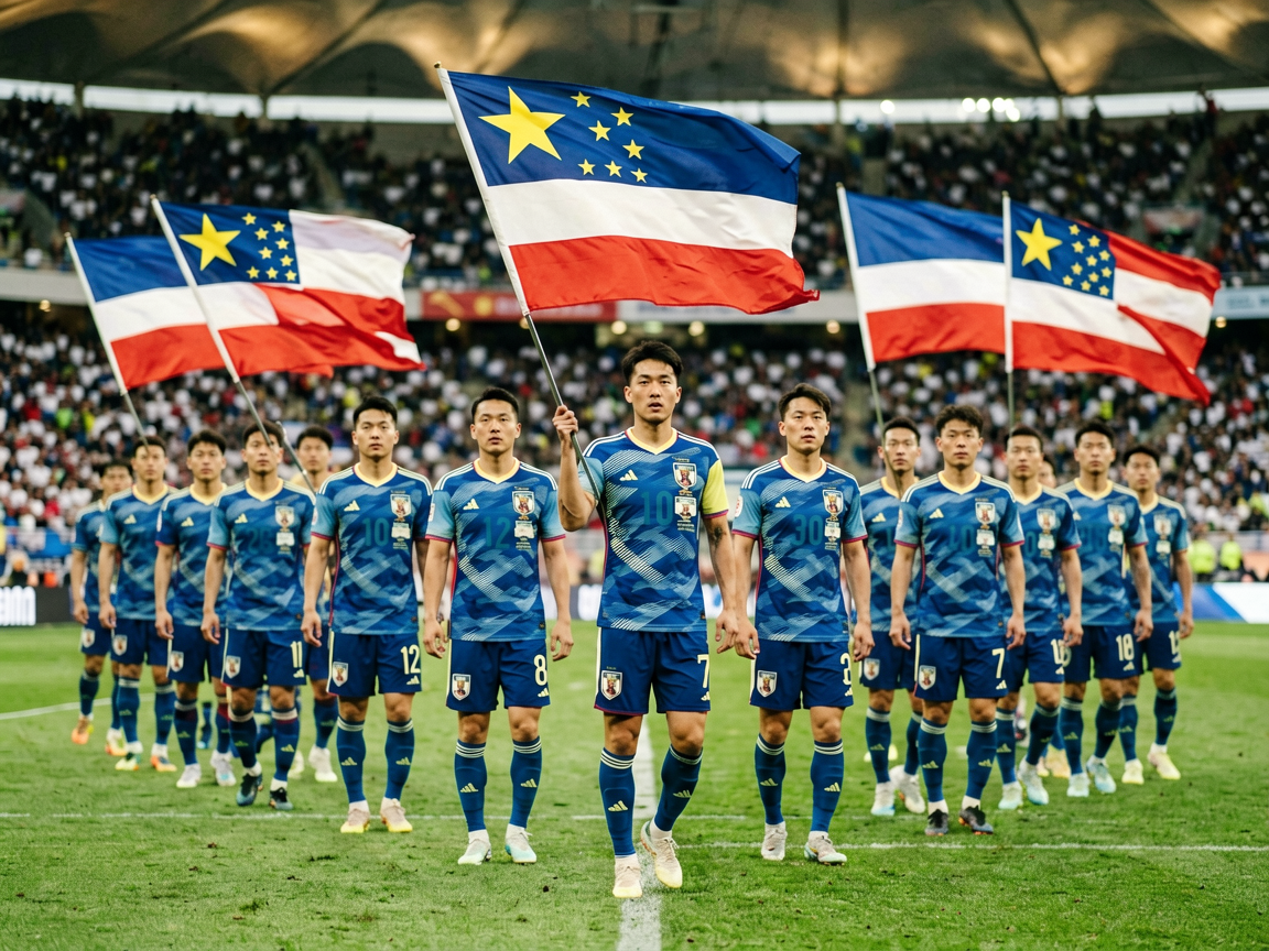 世界杯：国家队球员身披战袍列队入场，国旗飘扬，展现世界杯赛场的庄严与激情